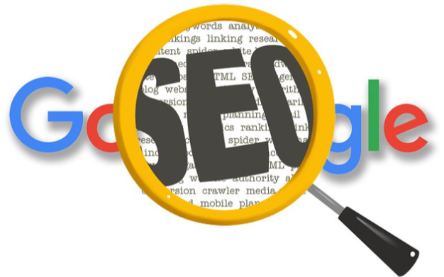 Google logo with a magnifying glass highlighting SEO, emphasizing strategies for an online business.